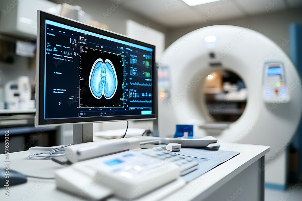 Poster medical imaging software is displaying a brain scan on a computer screen in a hospital room