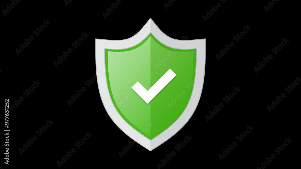 Poster green badge with shield and check mark animation. right mark with protect shield. shield with check 
