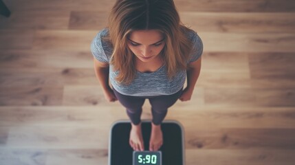 Woman weighing herself on a digital scale in a bright indoor space