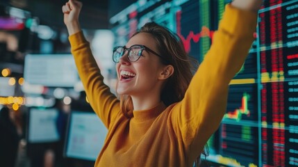 Young woman celebrates success in a trading room during the day