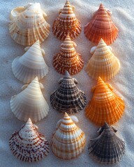 A carefully arranged collection of various shells on white sand, placed in a straight line on a sandy beach