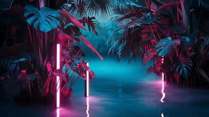 Illustration of a tropical background in neon light in retro style