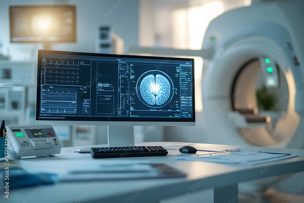 Aufkleber computer monitor showing brain scan in empty neurology department