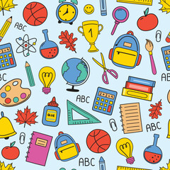 Cute school background with hand drawn icons. Seamless patten design. Vector illustration