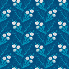 Abstract seamless pigtail pattern with flowers and swirls on a blue background