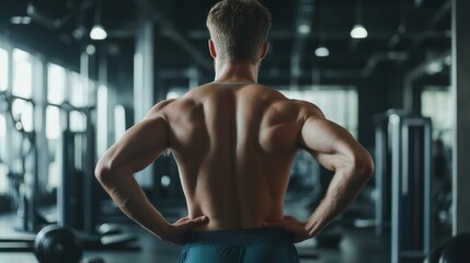 Naklejka premium Fitness enthusiast showcasing muscle definition in gym setting