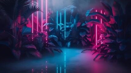 Illustration of a tropical background in neon light in retro style