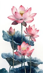 watercolor lotus flowers in pink and green with delicate leaves on white background