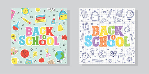 Collection of Back to School posters with cute icons. Vector illustration