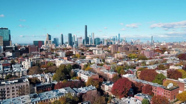 Aerial landscape of Prospect Heights Brooklyn city skyline during fall in New York City NY