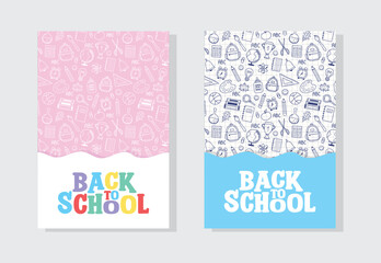 Colourful school backgrounds with cartoon icons. Back to School design set. Vector illustration