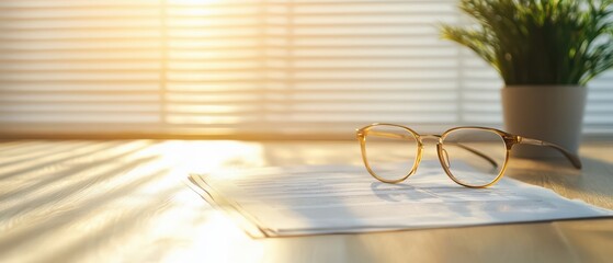Warm and inviting workspace featuring glasses on paper, illuminated by soft sunlight, perfect for productivity and focus.