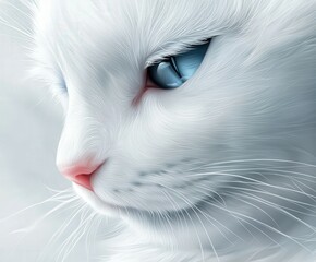 Close-up of a fluffy white cat with striking blue eyes on a soft background