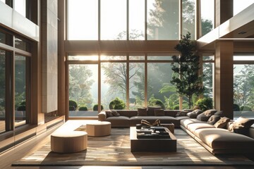 Fototapeta premium A photorealistic depiction of a sun-drenched living room with expansive windows, sleek furniture, and a seamless indoor-outdoor connection