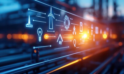 Futuristic display of energy icons representing various technologies, illuminating a modern industrial setting.