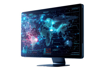 Modern computer monitor displaying a vibrant digital world map isolate on transparent background, png, cutout