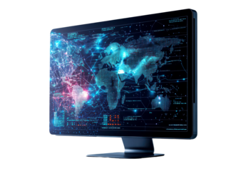 Modern computer monitor displaying a vibrant digital world map isolate on transparent background, png, cutout