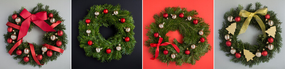 Collage of Christmas ring or wreath on the colored background. Top view. Close-up.
