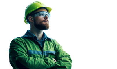 Confident construction worker in safety gear isolate on transparent background, png, cutout