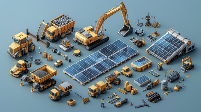 3D vector icon set of solar panel installation, workers, and equipment for photovoltaic power plant construction in isometric design. 