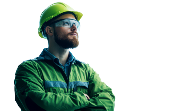 Confident construction worker in safety gear isolate on transparent background, png, cutout