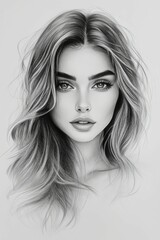 Fototapeta premium Pencil drawing of a woman with long wavy hair and striking features