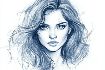 Pencil sketch of a young woman with flowing hair and eyes