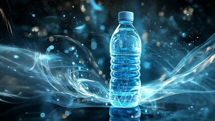 Discovering the beauty of water in a bottle with stunning blue splashes and reflections illuminated at night