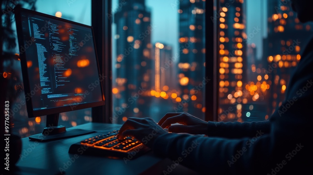 Poster a coder works late at night, illuminated by a vibrant city skyline and glowing computer screen, show