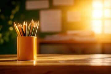 A collection of colorful pencils in a yellow holder, illuminated by warm sunlight in a cozy workspace.