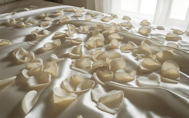 Obraz premium Generative-AI, Heart-Shaped Rose Petals on a White Silk Bedspread Creating a Romantic Atmosphere