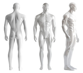 Set of white full body shiny glossy muscular male man mannequin dummy sculpture front back side view on transparent cutout, PNG file. Many different angle. Mockup template for artwork graphic design