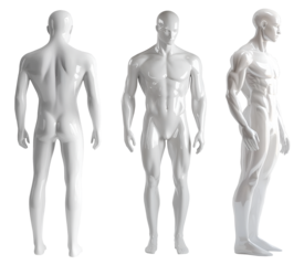 Set of white full body shiny glossy muscular male man mannequin dummy sculpture front back side view on transparent cutout, PNG file. Many different angle. Mockup template for artwork graphic design