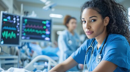 Fototapeta premium A nurse using advanced medical tech to monitor a patient's vitals in a contemporary hospital environment