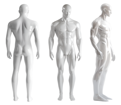 Set of white full body shiny glossy muscular male man mannequin dummy sculpture front back side view on transparent cutout, PNG file. Many different angle. Mockup template for artwork graphic design