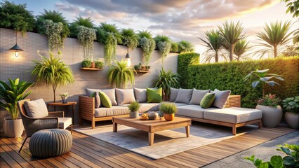 A cozy and stylish outdoor terrace with comfortable furniture and vibrant plants