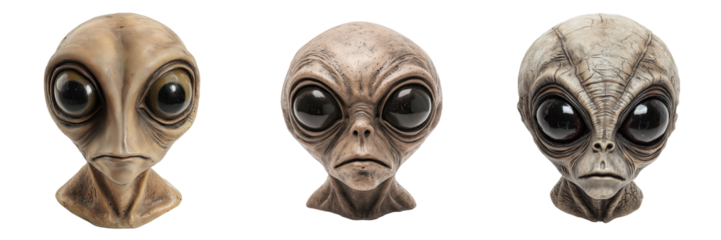 Set of alien head sculpture with large eyes isolated on a transparent background