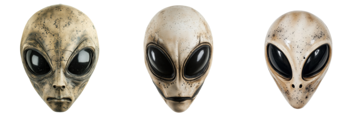 Set of alien mask with large black eyes isolated on a transparent background