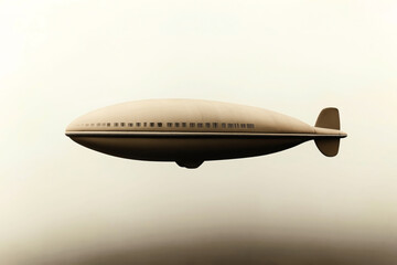Fototapeta premium A sepia-toned image of a large zeppelin flying in a cloudy sky. The zeppelin appears streamlined with rows of small windows and a tail fin for navigation.