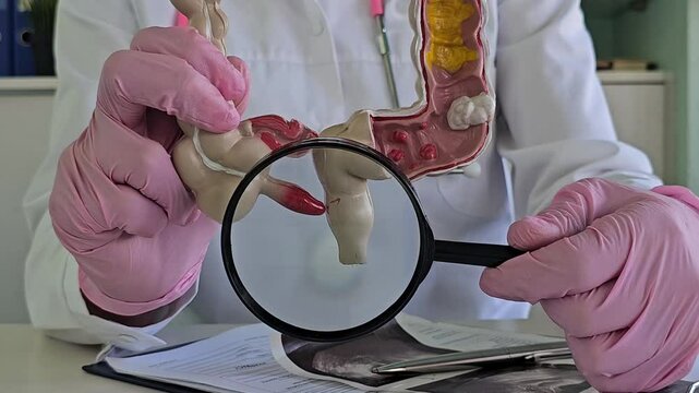 Doctor with colon anatomy model and inflammation of human appendicitis. Colon diseases, colon, colorectal cancer, ulcerative colitis, diverticulitis