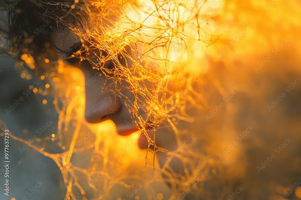 Poster profile of a man immersed in a golden glowing web like structure symbolizing entanglement and human 