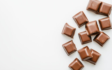 A group of smooth, square-shaped milk chocolate pieces arranged on a white surface, highlighting...