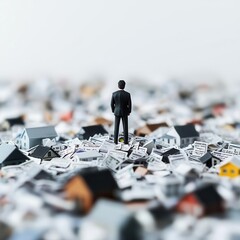 Person standing in a flood of overdue mortgage bills, loan default, financial crisis