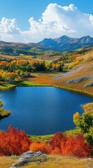 Vibrant autumn landscape with a serene lake and colorful foliage