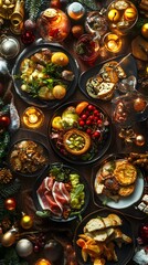 A festive holiday table spread with various delicious dishes.