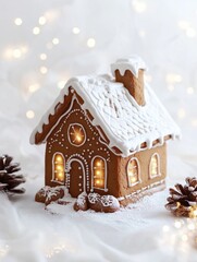 Christmas gingerbread house decoration on white background of defocused golden lights. Hand decorated.