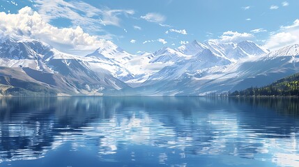 A lake surrounded by snow-capped mountains