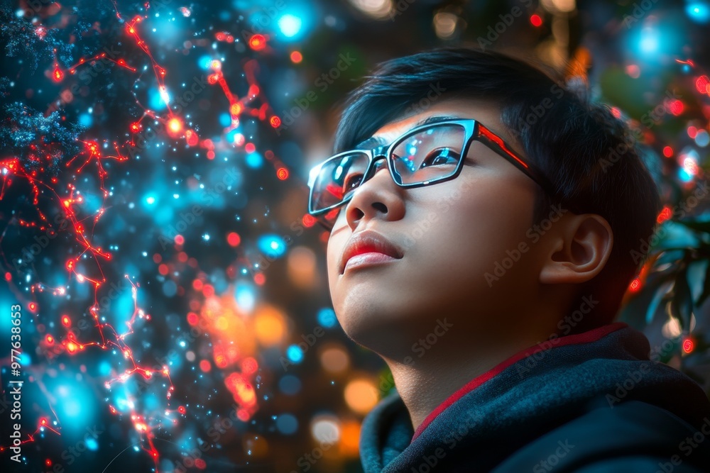 Poster boy staring into a glowing neural network symbolizing the exploration of knowledge science and imagi
