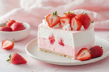 Delicious strawberry mousse cake with fresh berries on a pink background