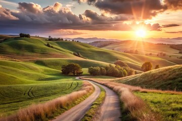 Fototapeta premium Serene country road winding through lush green hills at sunset.